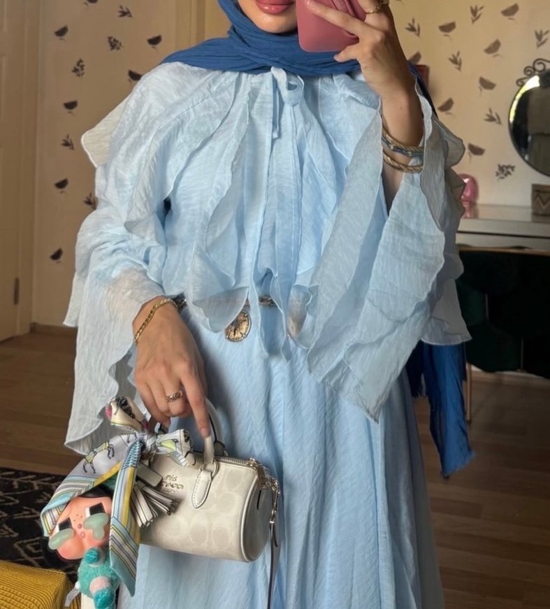 Mavi Keten Bohem Uzun Elbise - Görsel 3