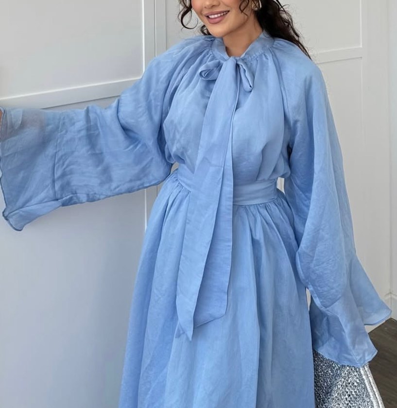 Mavi Keten Bohem Uzun Elbise - Görsel 2