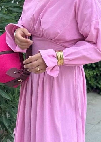 Pembe Uzun Pilili Askılı Kadın Elbise - Görsel 2