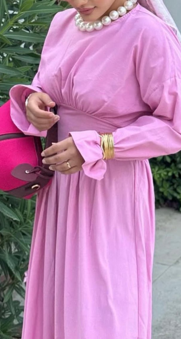 Pembe Uzun Pilili Askılı Kadın Elbise - Görsel 2