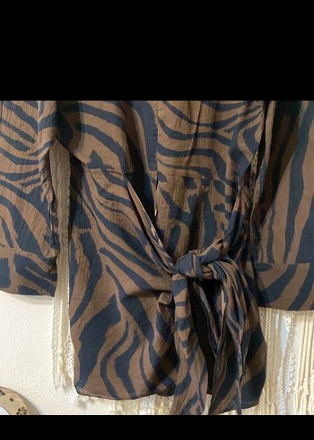 m Beden kahverengi Renk Kahverengi Zebra Desenli Kuşaklı Tunik elbise