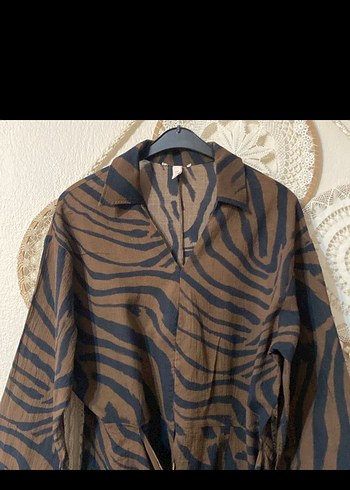 H&M Kahverengi Zebra Desenli Kuşaklı Tunik elbise