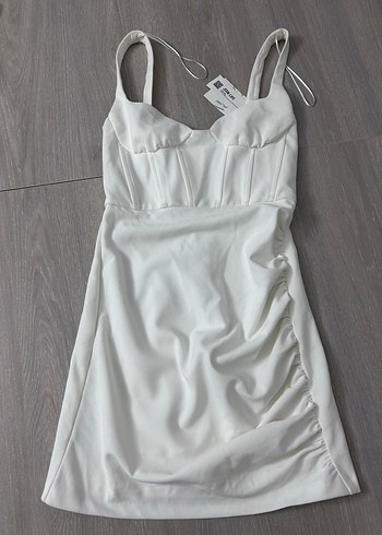 Beyaz V Yakalı Mini Elbise - Görsel 2