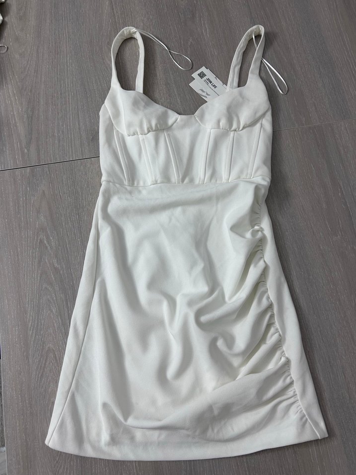 Beyaz V Yakalı Mini Elbise - Görsel 2