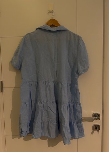 Zara Düğmeli Kısa Kollu Mavi Midi Keten Elbise