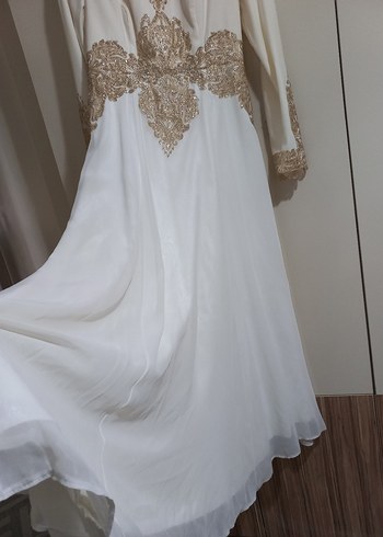 Uzun Kollu İşlemeli Beyaz Vintage Abiye - Görsel 6