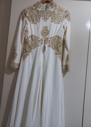 Uzun Kollu İşlemeli Beyaz Vintage Abiye - Görsel 11