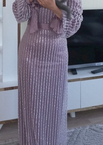Uzun Kollu Mor Pilili Abiye Elbise - Görsel 8