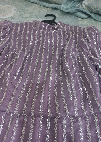 Uzun Kollu Mor Pilili Abiye Elbise - Görsel 4