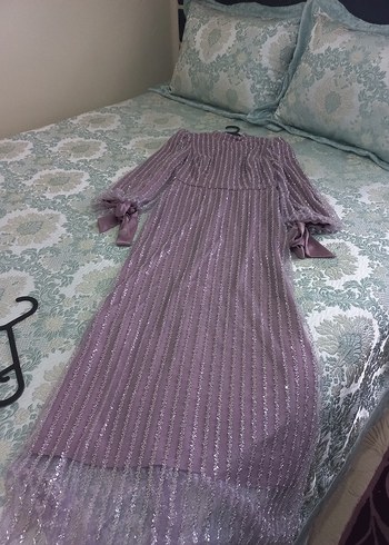 Uzun Kollu Mor Pilili Abiye Elbise - Görsel 2