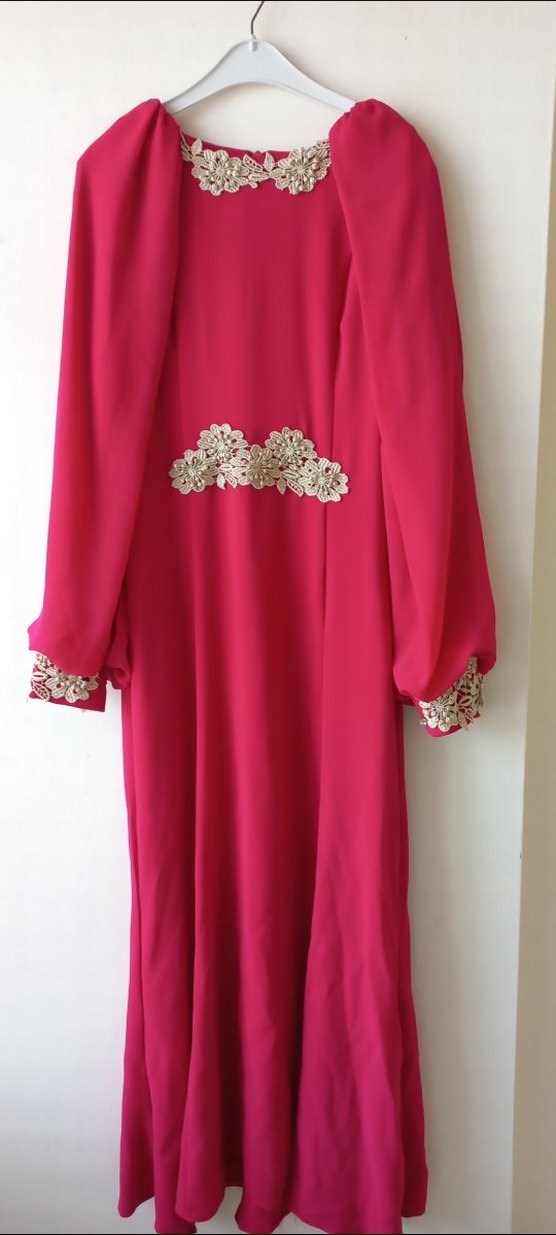 fuşya İşlemeli Uzun Kollu Kadın Abiye Elbise - Görsel 3