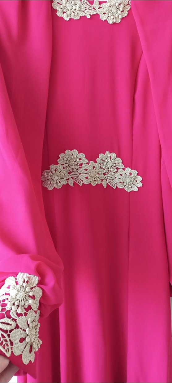fuşya İşlemeli Uzun Kollu Kadın Abiye Elbise - Görsel 2