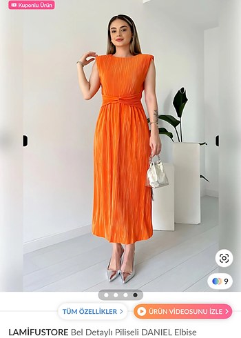 LAMİFUSTORE Piliseli Turuncu Uzun Elbise - Görsel 5