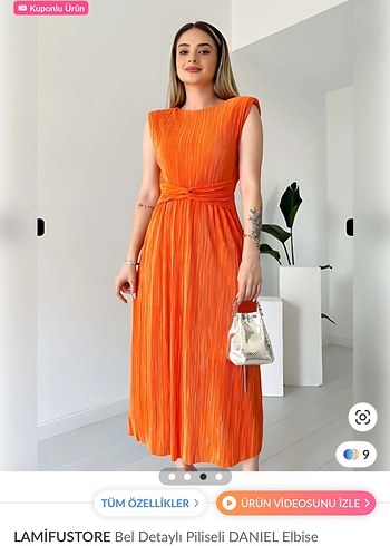 LAMİFUSTORE Piliseli Turuncu Uzun Elbise - Görsel 4