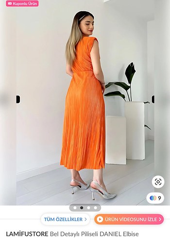 LAMİFUSTORE Piliseli Turuncu Uzun Elbise - Görsel 3