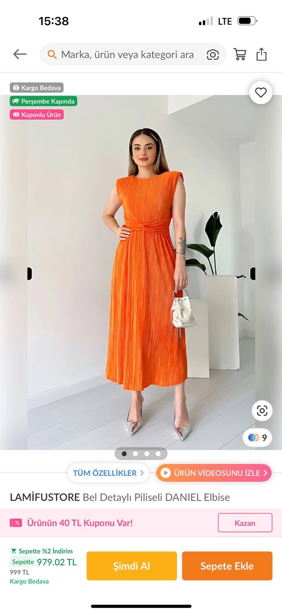 LAMİFUSTORE Piliseli Turuncu Uzun Elbise - Görsel 2