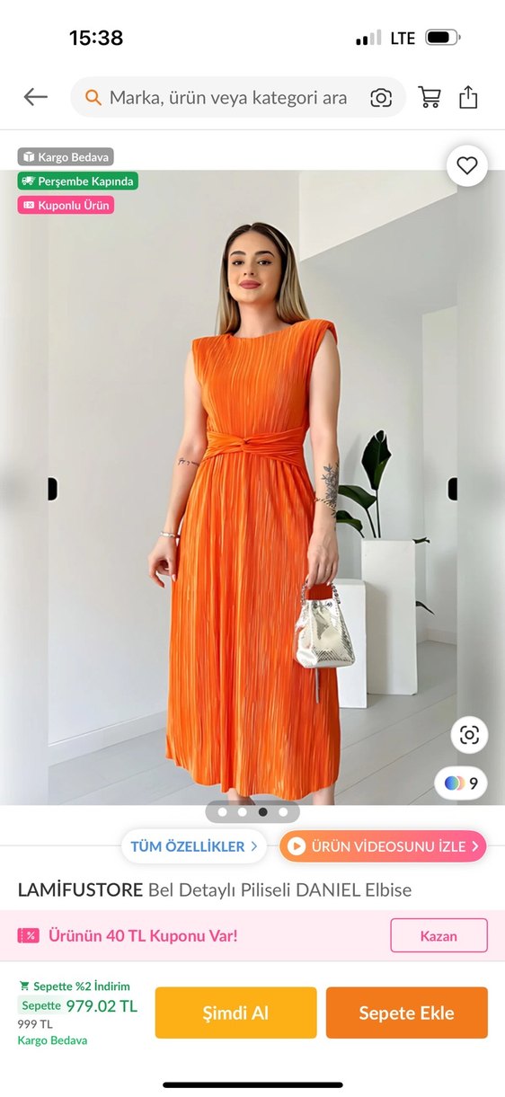 LAMİFUSTORE Piliseli Turuncu Uzun Elbise - Görsel 4