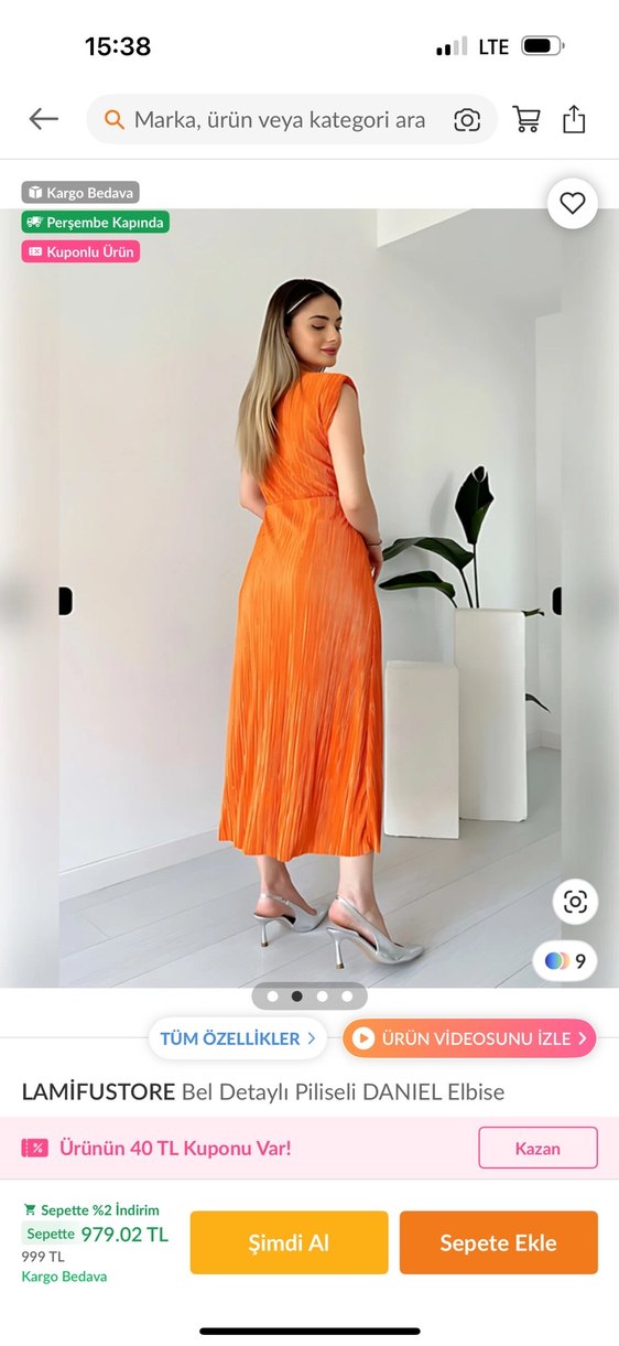 LAMİFUSTORE Piliseli Turuncu Uzun Elbise - Görsel 3