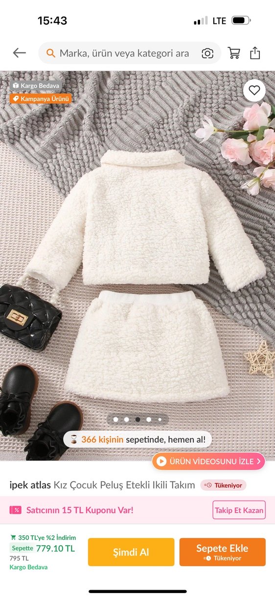 Kız Çocuk Beyaz Peluş Etekli İkili Takım - Görsel 3