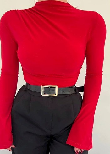 Kemerli Kırmızı Yüksek Yakalı Bluz - Görsel 3
