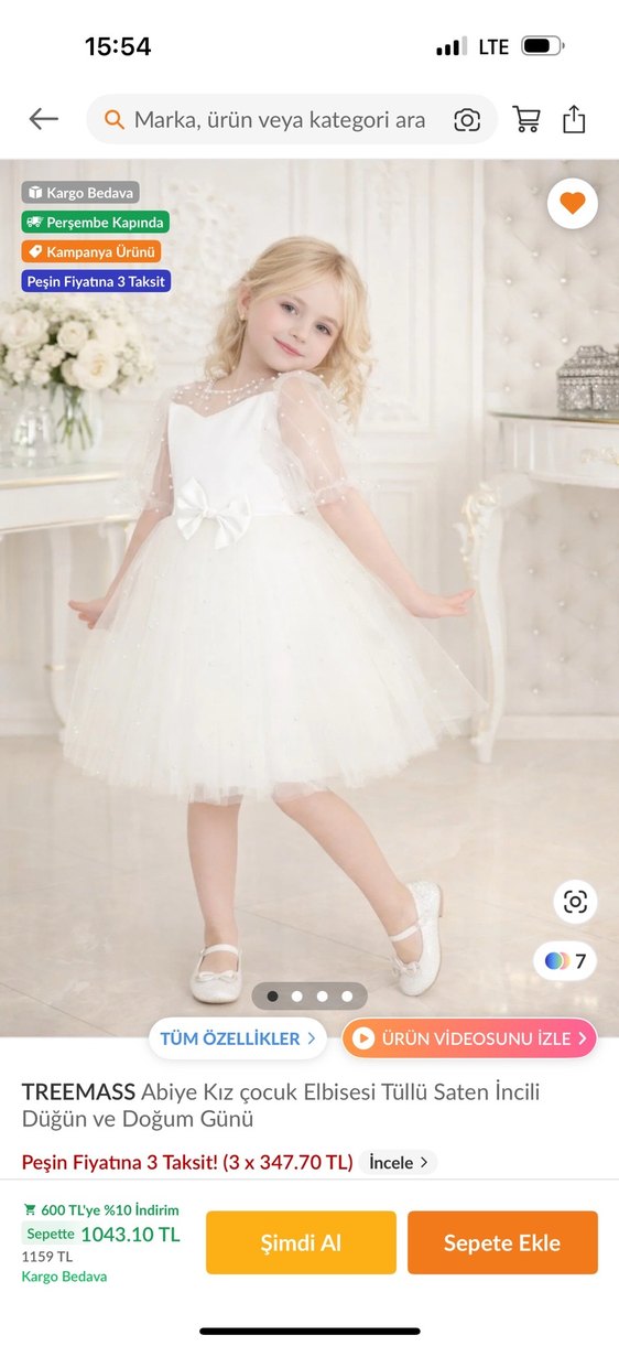 Beyaz Kız Çocuk Tüllü Abiye Elbise gelinlik - Görsel 2