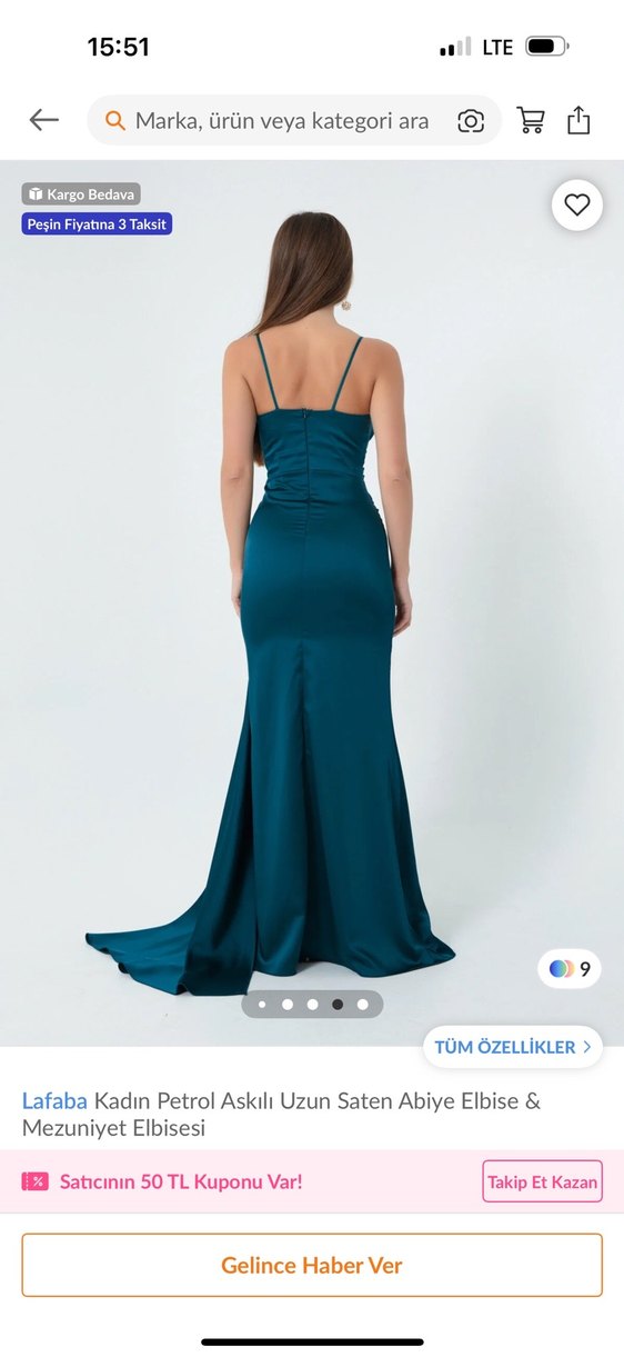 Lafaba Kadın Petrol Uzun Askılı Saten Abiye Elbise - Görsel 4