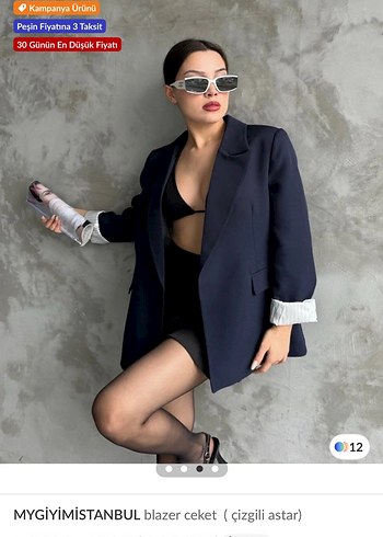 Kadın lacivert Çizgili Mini Blazer Ceket - Görsel 4