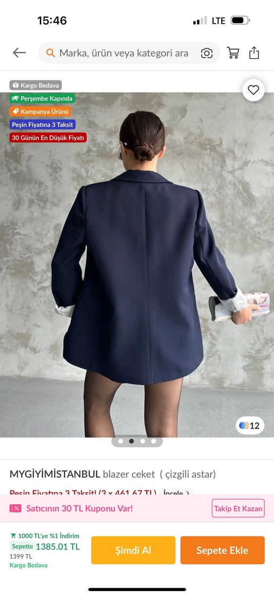 Kadın lacivert Çizgili Mini Blazer Ceket - Görsel 3