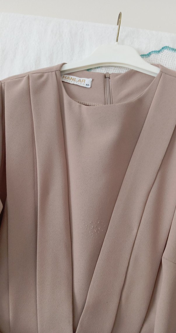 Bej Uzun Drapeli Kadın Elbise - Görsel 5