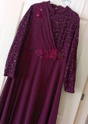 Bordo Uzun Kollu Kadın Abiye Elbise - Görsel 2