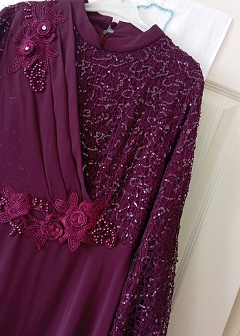 Bordo Uzun Kollu Kadın Abiye Elbise - Görsel 4