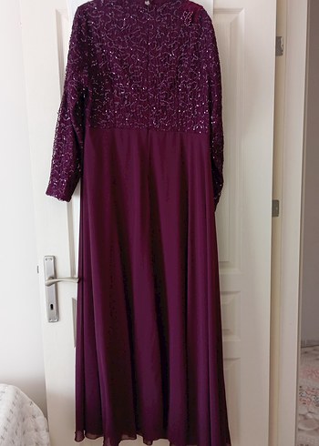 Bordo Uzun Kollu Kadın Abiye Elbise - Görsel 6