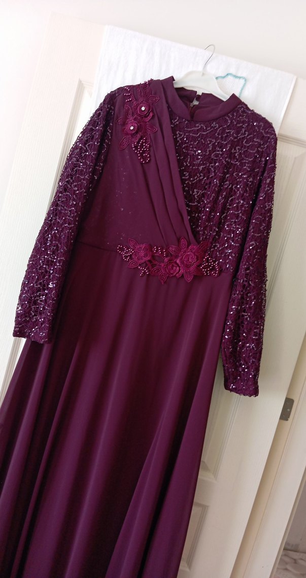 Bordo Uzun Kollu Kadın Abiye Elbise - Görsel 2