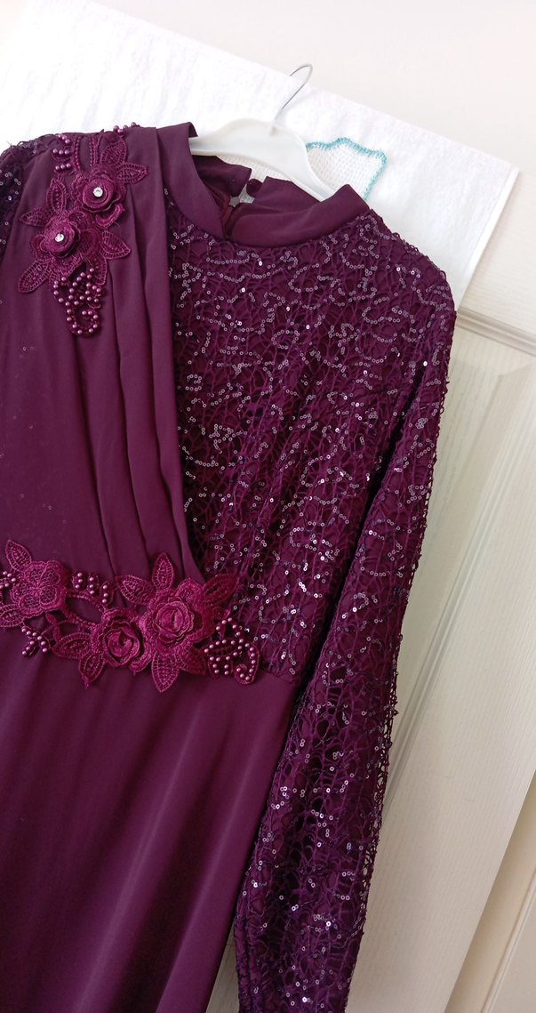 Bordo Uzun Kollu Kadın Abiye Elbise - Görsel 4