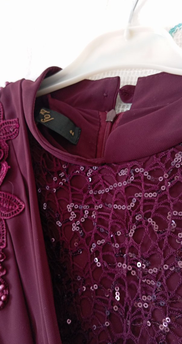 Bordo Uzun Kollu Kadın Abiye Elbise - Görsel 5