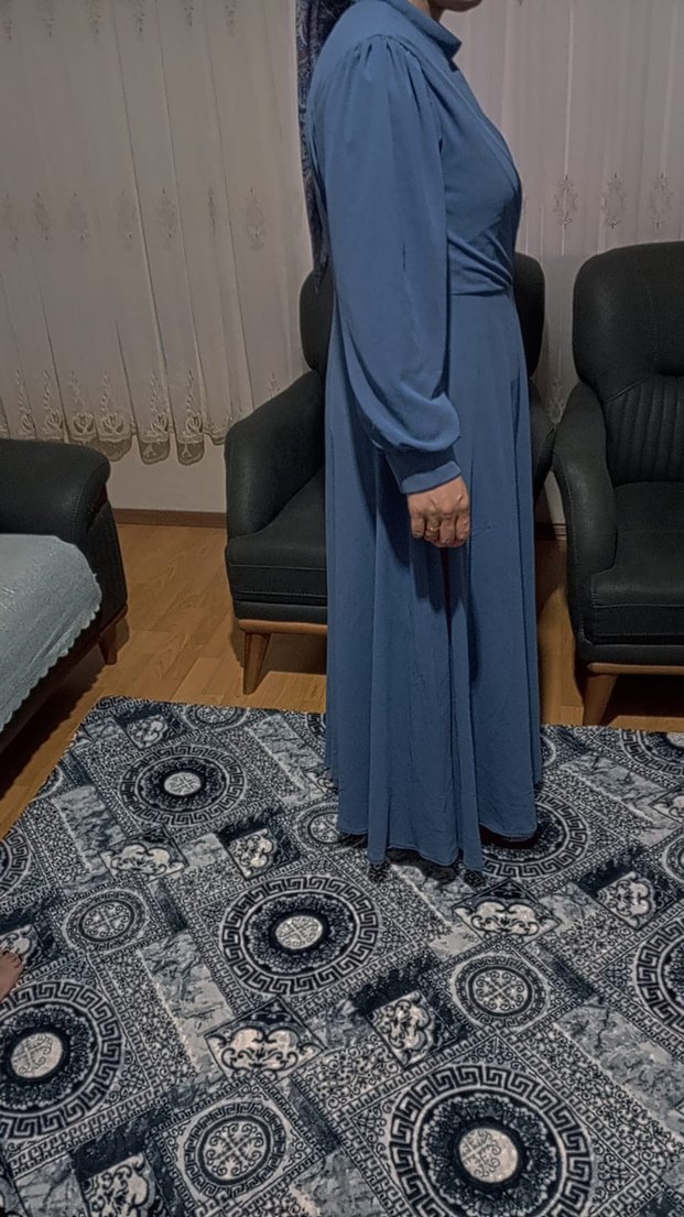 Mavi Uzun Kollu Salaş Kadın Elbise - Görsel 2