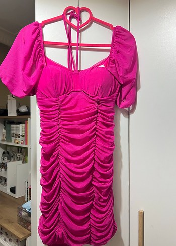 Pembe Drapeli Midi Kadın Abiye Elbise