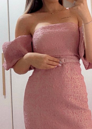 Pudra Pembe Straplez Kemerli Mini Abiye Elbise