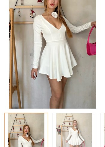 Beyaz V Yaka Mini Elbise