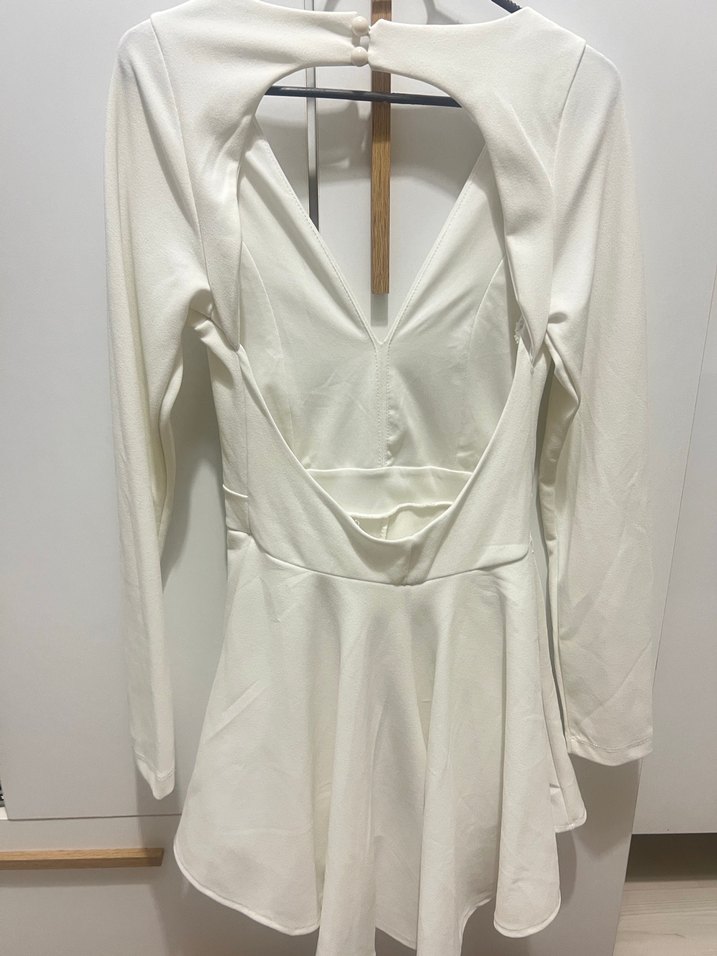 Beyaz V Yaka Mini Elbise - Görsel 3