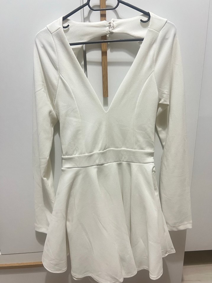 Beyaz V Yaka Mini Elbise - Görsel 2