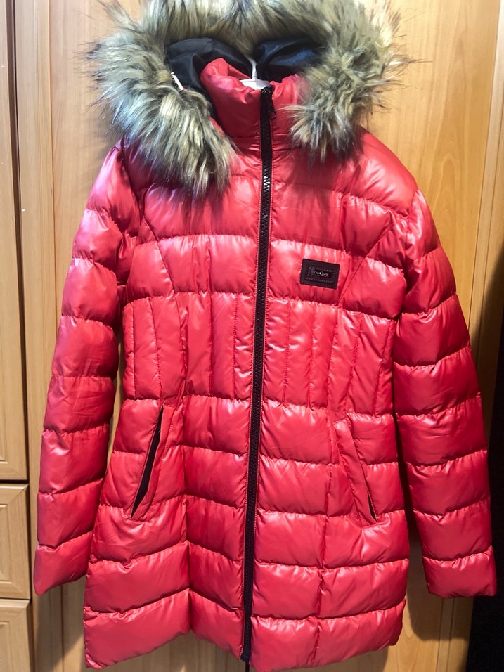 Kürk Detaylı Parlak Kırmızı Kadın Kışlık Mont - Görsel 2