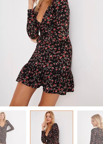 siyah Çiçek Desenli V Yaka Mini Elbise - Görsel 3
