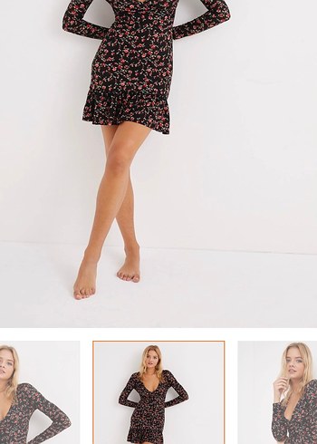 siyah Çiçek Desenli V Yaka Mini Elbise - Görsel 2