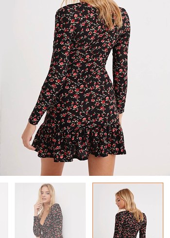siyah Çiçek Desenli V Yaka Mini Elbise - Görsel 4