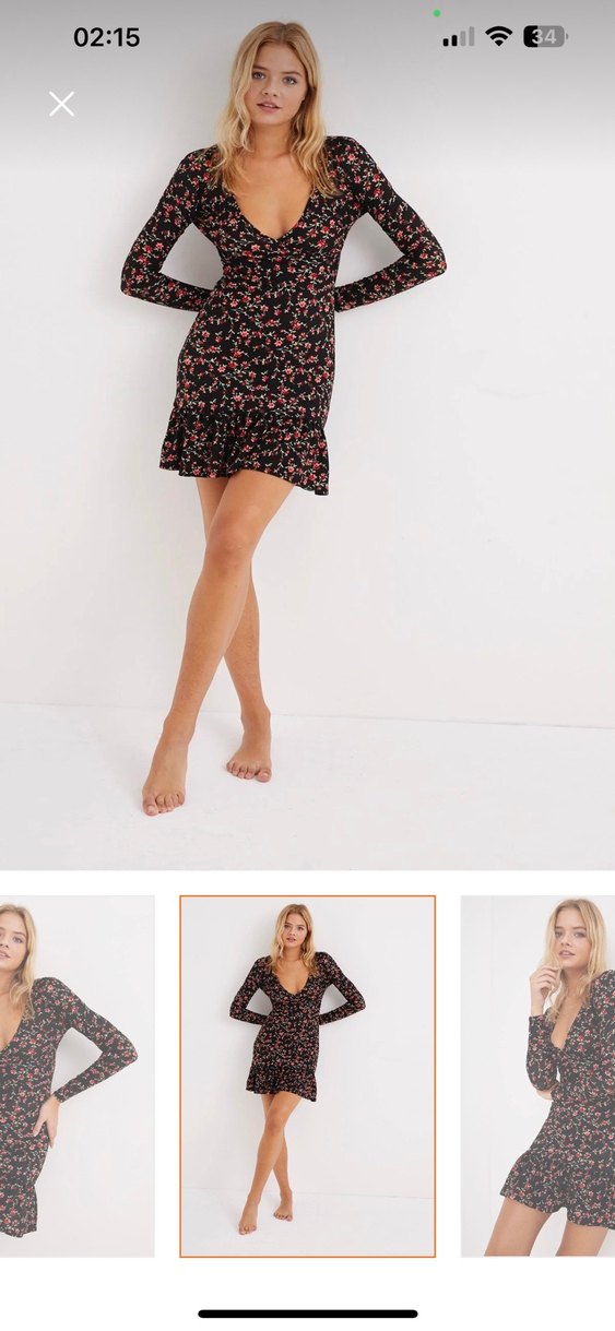 siyah Çiçek Desenli V Yaka Mini Elbise - Görsel 2