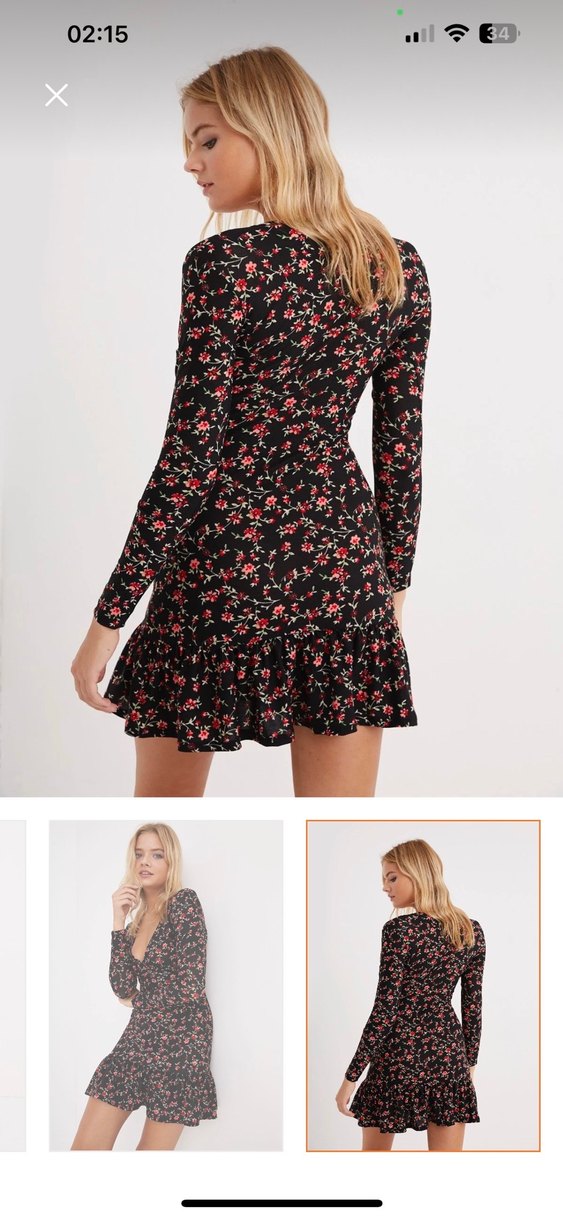 siyah Çiçek Desenli V Yaka Mini Elbise - Görsel 4