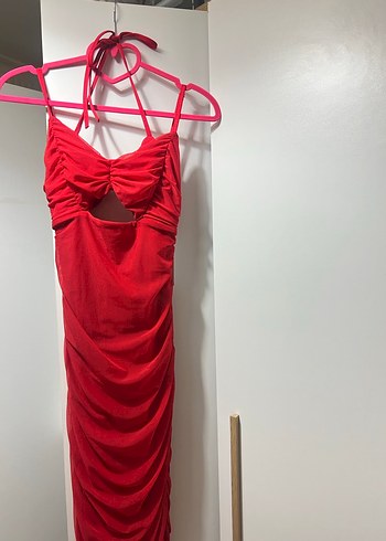 Kırmızı Uzun Boy Drapeli İnce Askılı Kalem Elbise - Görsel 5