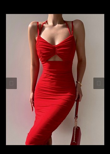 Kırmızı Uzun Boy Drapeli İnce Askılı Kalem Elbise - Görsel 3