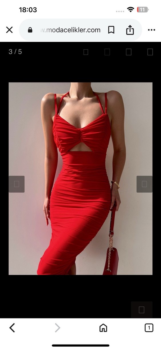 Kırmızı Uzun Boy Drapeli İnce Askılı Kalem Elbise - Görsel 3